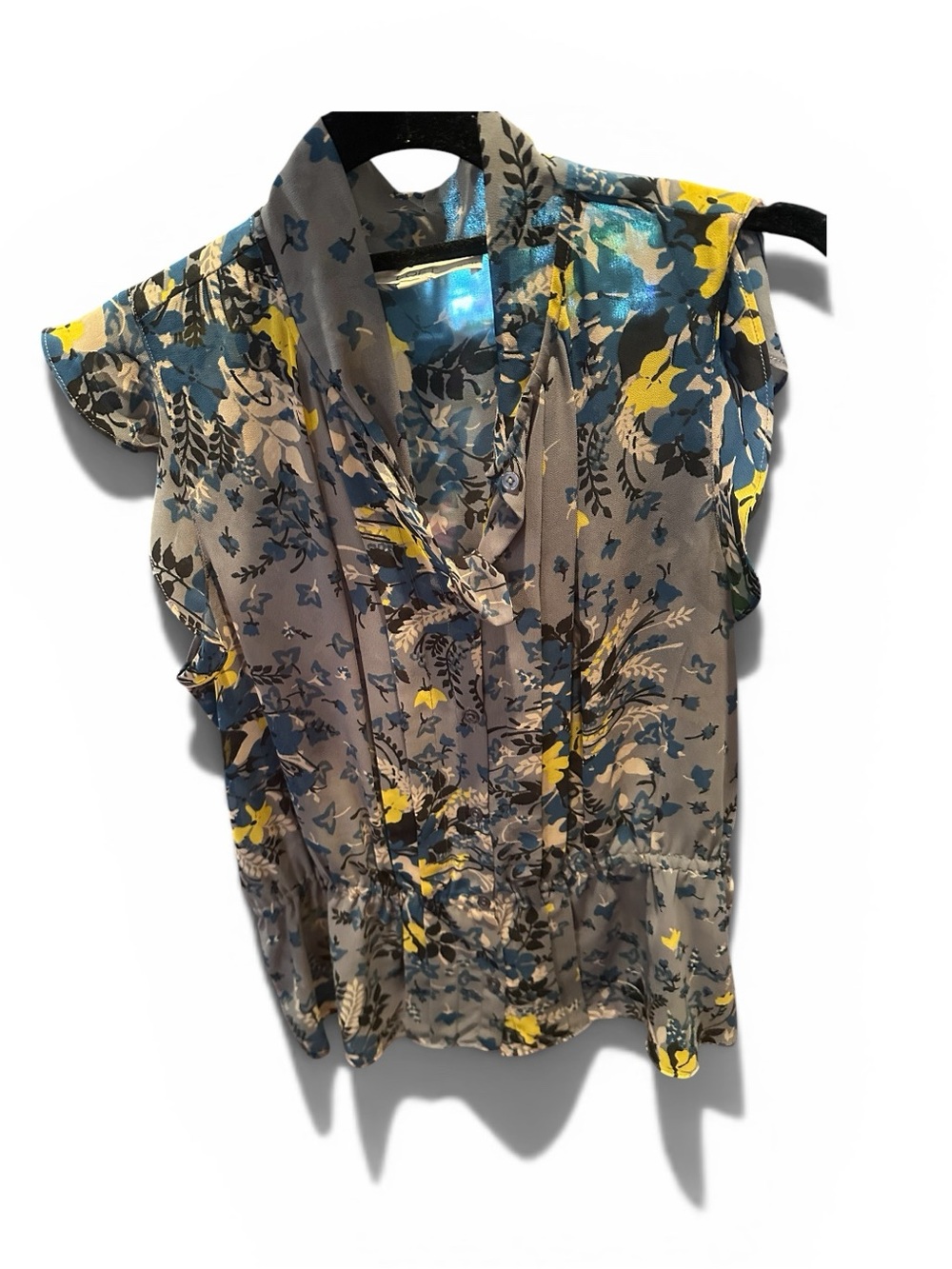 LOFT Floral Mock Neck Sleeveless Top in Gray, Yellow and Blue